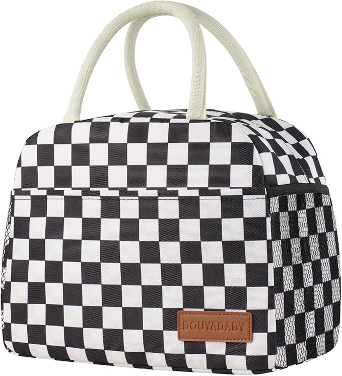 Lunch Bag Women/Men Lunch Box Women/Men (Black+White Checkerboard)