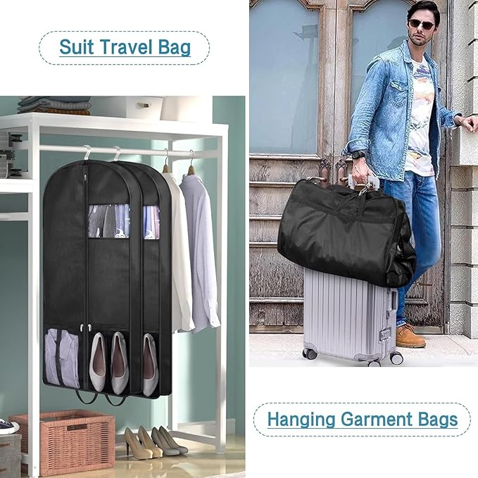 KIMBORA 43" Suit Bags for Closet Storage and Travel, Gusseted Mesh Hanging Garment Bags for Men Suit Cover With Handle for Clothes, Coats, Jackets, Shirts（3 Packs，Black）