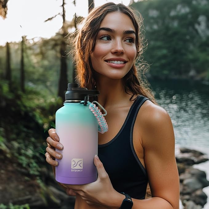 Insulated Water Bottle | Thickened Stainless Steel Vacuum Metal Portable Sports Half Gallon Large Water Jug for Gym and Hiking with Straw, Carrier Bag, Handle Strap | BPA-Free 64 oz