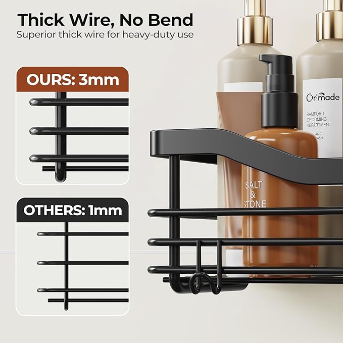 Orimade Shower Caddy Basket Shelf Storage Rack, No Drilling Wall Mounted Adhesive Rust Proof Stainless Steel Shower Organizer with 5 Hooks for Bathroom, Black 2 Pack