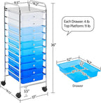 Yaheetech Rolling Cart Organizer Plastic Trolley with 10 Storage Drawers Utility Cart on Wheels Art Craft Organizer Ample Storage Space, Blue Gradient