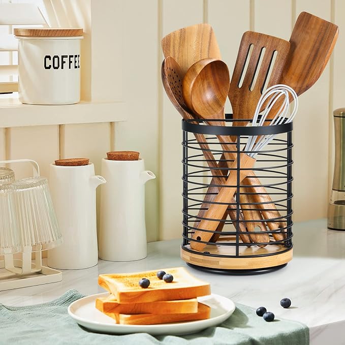 360° Rotating Utensil holder for Kitchen Counter 5.9 x 5.9 x 7.8 Large Round Utensils Holder with Wooden Base Matte Black Cooking Utensil Holder，Kitchen countertop Utensil Organizer