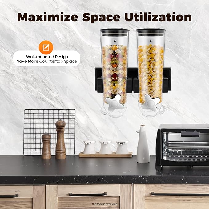 2 Pack Cereal Dispensers,Wall Mounted Dry Food Dispenser,Large Capacity Candy Dispenser,Grain Storage Dispenser,Rice Dispenser w/Cup for Kitchen Storage Oatmeal Snack Coffee Beans Nuts 3L (Black)