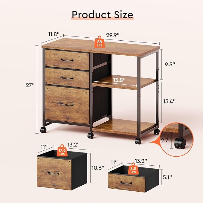 3 Drawer File Cabinet with Wheels Rolling Printer Stand with Open Storage Shelf Fabric Lateral Filing Cabinet for Home Office,Rustic Brown2