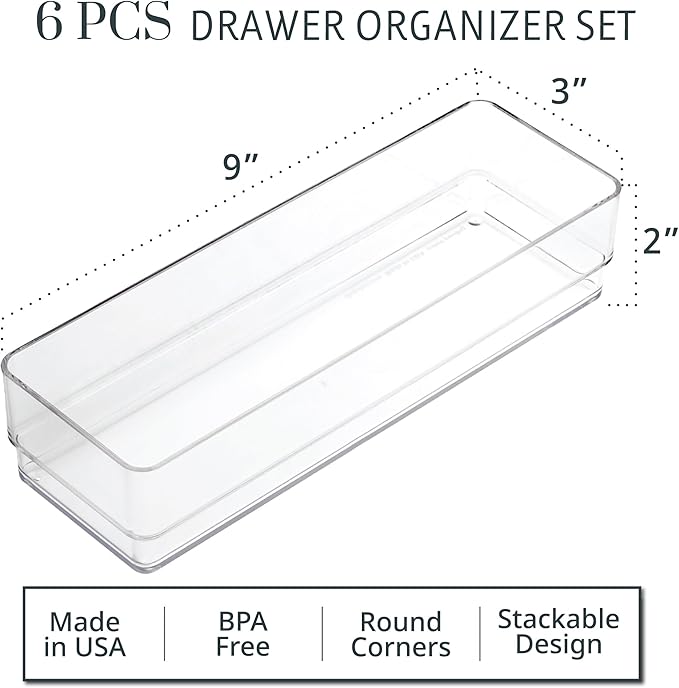 STORi SimpleSort 6-Piece Stackable Clear Drawer Organizer Set | 9" x 3" x 2" Rectangle Trays | Narrow Makeup Vanity Storage Bins and Office Desk Drawer Dividers | Made in USA