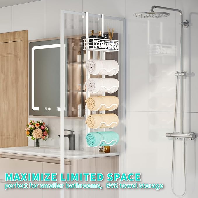 HapiRm Over The Door Towel Rack - 6 Tier Wall Mount Rolled Towel Holder Storage Organizer Shelf with Storage Basket for Small Bathroom, Rv, Camper - White