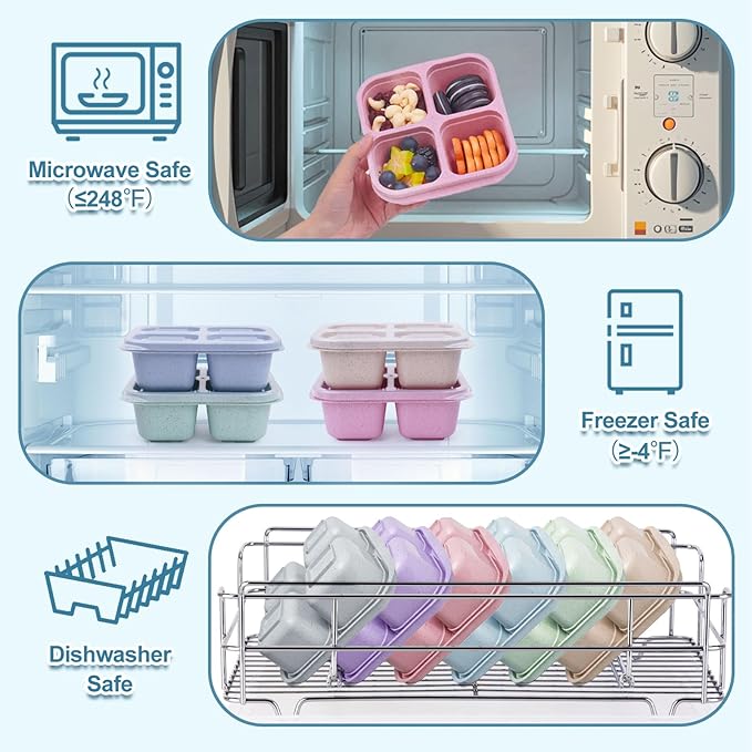 4 Pack Snack Containers, 4 Compartment Snackle Box Container, Reusable Meal Prep Lunchable Container, Microwave Dishwasher Safe, Divided Food Storage Containers for Work Travel (Pink)