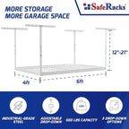 SafeRacks 4x6 Overhead Garage Storage Rack - Height Adjustable Steel Overhead Storage Rack - 500 Pound Weight Capacity (White, 24"-45")