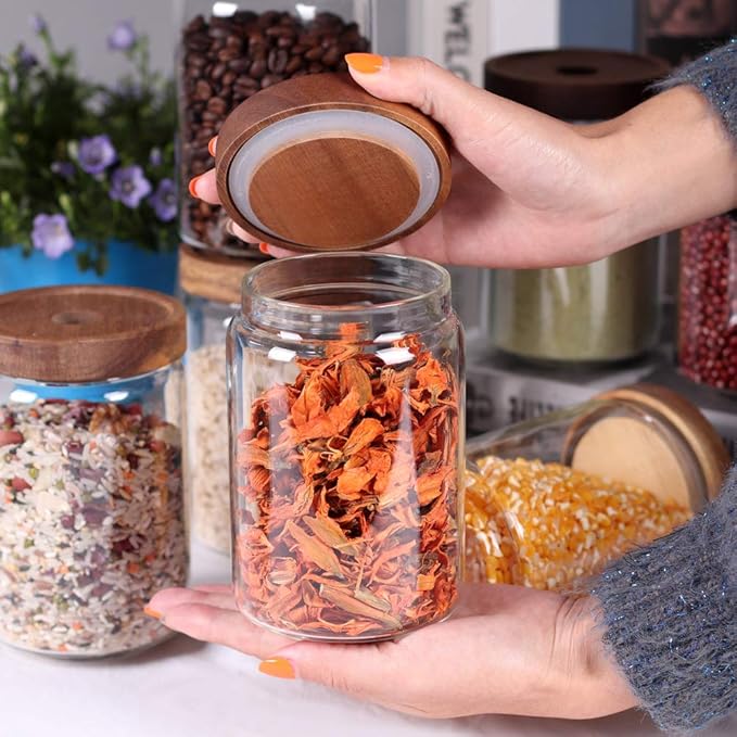 SAIOOL Stackable Kitchen Canisters Set of 8,High Borosilicate Glass Cylinder Airtight Food Storage, sort out the tea, flour, candies, grain easily and clearly