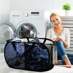 Foldable Laundry Baskets, Collapsible Mesh Laundry Hamper, Durable Pop Up Laundry Basket, 2 Compartments Clothes Hampers for Laundry, Easy to Carry & Sort for Dorm, Home, Kids Room, Travel Black