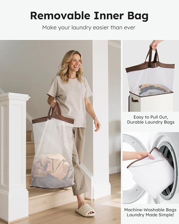 SOLEDI Slim Laundry Hamper with Lid, Narrow Laundry Basket with Removable Bags, Dirty Clothes Hamper with handle, Small Hamper perfect for Laundry room, Bathroom, Bedroom, Small spaces. 70L Beige