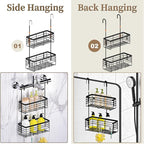 DELLAN 2-Tier Shower Hanging Caddy, Shower Rack with Hooks Over the Door, Stainless Steel Hanging Orangizer and Basket (Black)