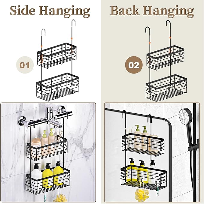 DELLAN 2-Tier Shower Hanging Caddy, Shower Rack with Hooks Over the Door, Stainless Steel Hanging Orangizer and Basket (Black)