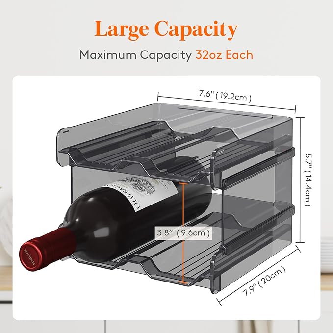 Lifewit Plastic Stackable Wine Rack for refrigerator, Cabinet, Countertop,Wine Bottle Holder, Water Bottle Organizer for Fridge, Pantry, Black, Hold 8 Bottles
