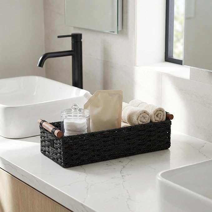 Back of Toilet Basket with Wood Handles, Black Wicker Toilet Paper Basket for Toilet Tank Top, Narrow Toilet Tank Basket, Bathroom Basket Organizer for Wipes & Essentials