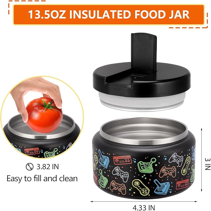 13.5oz Kids Soup Jar for Hot Food Vacuum Insulated Food Jar with Buckle Lid, Stainless Steel Wide Mouth Leak Proof Lunch Container for School Picnic Travel (Game Black)