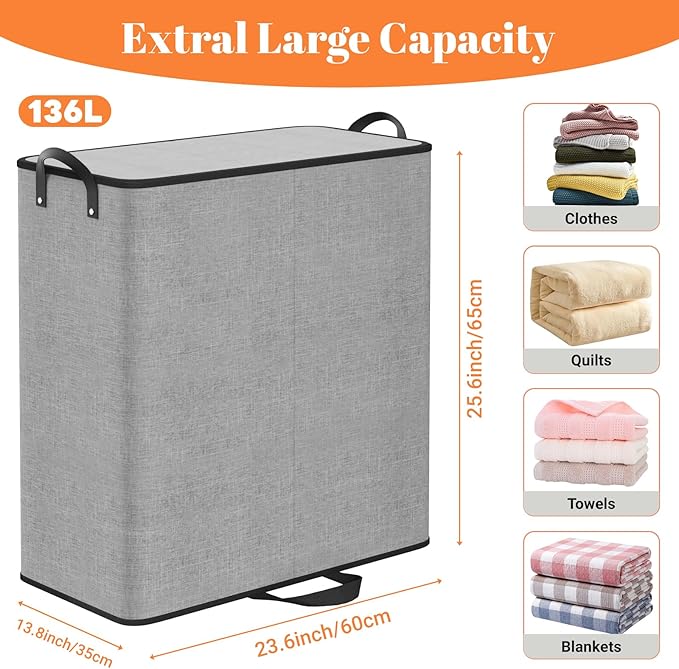 Large Double Laundry Hamper with Lid, Removable Bags & Reinforced Handles, 2 Section Tall Laundry Basket, Dirty Clothes Hampers for Laundry Room, Bedroom, Bathroom, Dorm, 136L, Gray