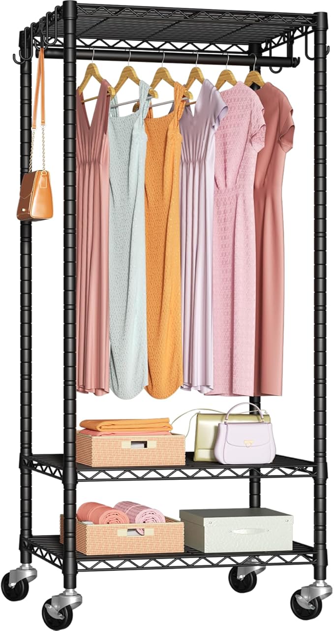FUTASSI P6 Mini Rolling Clothes Rack Heavy Duty, Clothing Racks for Hanging Clothes, Freestanding Garment Rack with Wheels, Portable Closet Rack Max Load 360LBS, 23.6''W x 14''D x 74.6''H, Black