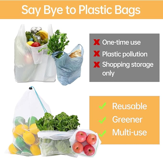 20 Pack Reusable Produce Bags, Washable Produce Mesh Bags, Durable Vegetable Fruits Bag, See-Through Toy Storage Mesh Bag with Drawstring for Fruits Vegetables Fridge Storage Toys, 3 Sizes