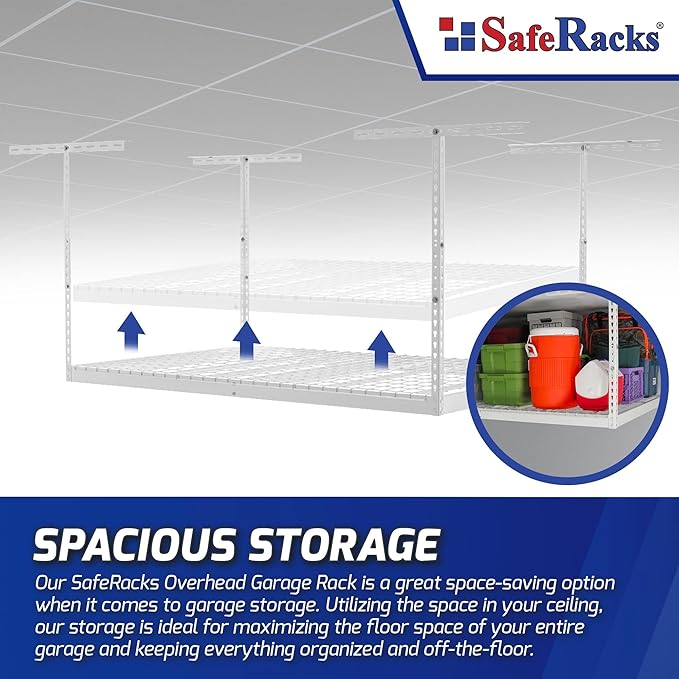 SafeRacks Overhead Garage Storage Rack - Heavy Duty Racks for Garage with 400 lb Capacity, Easy Garage Shelving, Adjustable Storage Rack, Ceiling Mount Storage Shelves 3x6 White (12"-21")