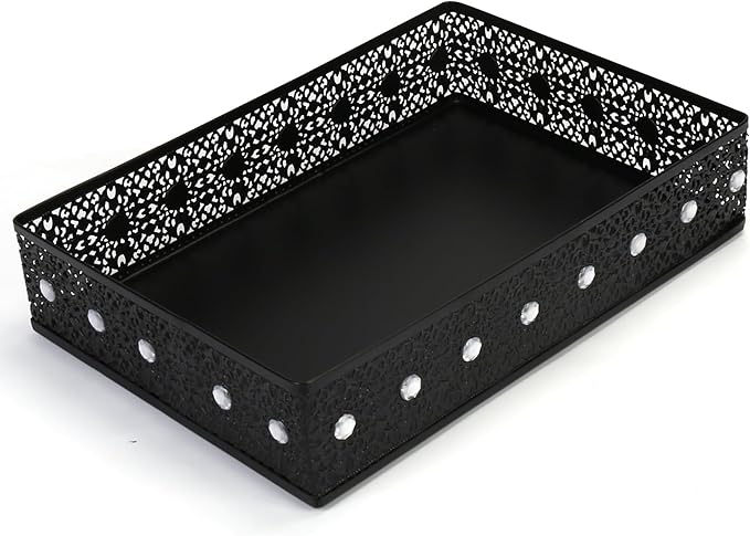 Desk Drawer Organizer, A4 Large Metal Mesh Desk Rrganizer Tray, Carved Hollow Floral Tray, Versatile Storage Box Set for Office Home Supplies,13x9x3 inches (Rhinestones,1 PC)