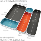 Three by Three Seattle 5 Piece Metal Organizer Tray Set for Storing Makeup, Stationery, Utensils, and More in Office Desk, Kitchen and Bathroom Drawers (1 Inch, Gray, Sky Blue, Orange)