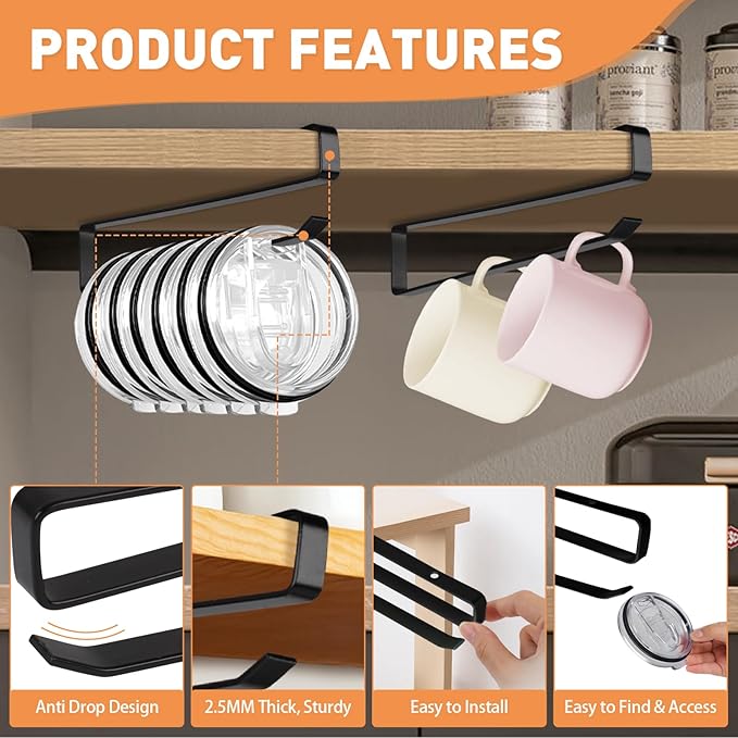 Tumbler Lid Organizer, 2 Pack Coffee Mug Holder for Yeti Tumbler Lid, Space Saving Mug Hanger Rack Holds Up to 12 Lids, Cup Holder Under Cabinet, Water Bottle Lid Holders for Kitchen Storage