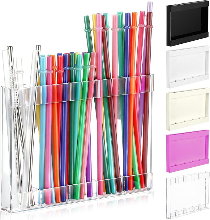 Qinyoung Acrylic Straw Holder for Cabinet Door with Double Sided Adhesive Tape Reusable Straw Organizer Tumbler Storage Kitchen Accessories Container for Counter Cupboard(Classic,Large,Transparent)