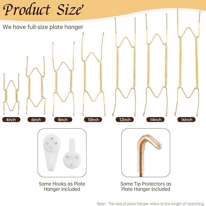 4 Pack Plate Hangers for Wall, Suitable for 9-12 inch Art Plate, Stainless Steel Invisible Heavy-Duty Wire Plate Holder with Wall Hooks, Display Hanger for Decorative Plates/Dishes/Platters(Gold)