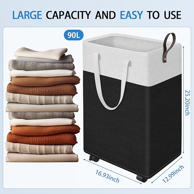 HomeHacks Laundry Basket with Wheels, Rolling Laundry Hamper, Collapsible & Waterproof Clothes Hamper, Narrow Corner Bins with Extended Handles for in the Family & Dorm 90L, Black
