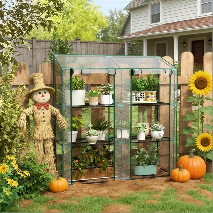 Portable Lean-to Greenhouse with Reinforced UV-Resistant Cover, Ventilated Roll-Up Doors, and Sturdy Wire Shelving for Plant Protection