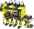CCCEI Modular Power Tool Organizer Wall Mount Charging Station, Green 6 Drills Holder with 8 Plug Power Strip 10FT, Garage Drill Battery Heavy Duty Metal Shelf, Utility Rack with Hooks, Side Storage.
