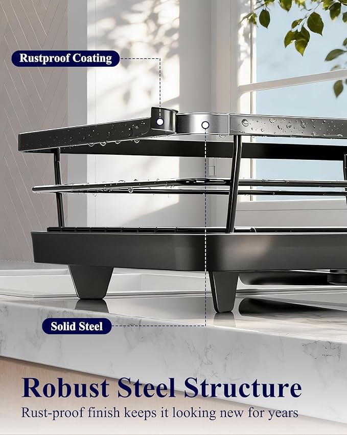 Kitsure Dish Drying Rack for Kitchen Counter, Stainless Steel Sink Organization and Storage Essentials with Cutlery Holder, Home and Appartment Decor, 12''W x 15.5''L, Black