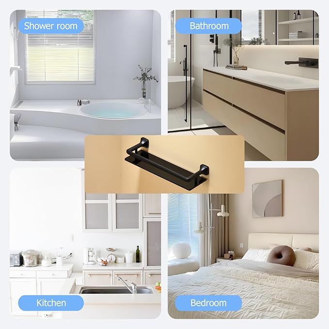 16-Inch Bathroom Glass Shelf - Matte Black Wall-Mounted Organizer - Thickened 8mm Black Tempered Glass with Safety Railing