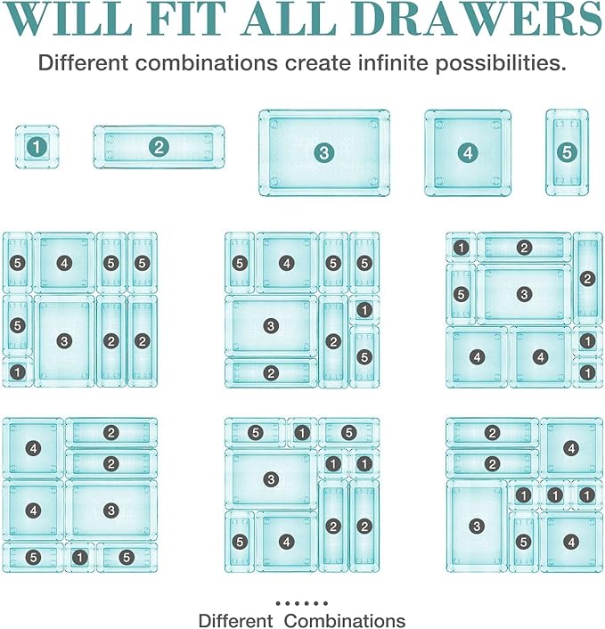 13 PCS Drawer Organizer Set, 5 Varied Size Bathroom and kitchen Drawer cabinet organizer Trays, Clear Storage Bins for Makeup, Jewelry, Utensils and Gadgets