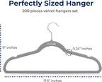 SereneLife 200-Pack Velvet Hangers – Space-Saving Non-Slip Gray Clothes Hangers with 360° Swivel Hooks, Heavy Duty Ultra-Thin Design for Coats, Shirts, Dresses & More – Durable & Lightweight