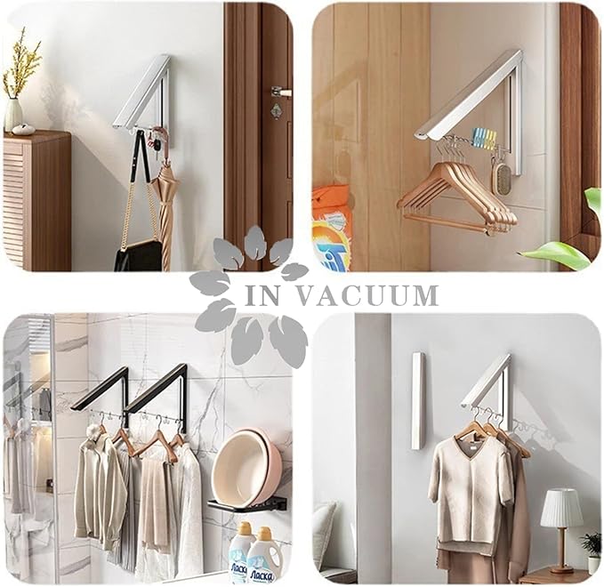 IN VACUUM Clothes Drying Rack, Laundry Racks for Drying Clothes, Wall Mounted Retractable Clothes Hanger for Laundry Room, Garage, Indoor & Outdoor Use, Aluminum (1 Racks, Black)