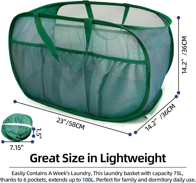 Collapsible Laundry Baskets, Upgrade Pop Up Laundry Hamper with Convenient Bags, Foldable Laundry Basket Mesh Light Weight, Easy to Carry Clothes Hampers for Laundry, Dorm, Toys, Travel Green