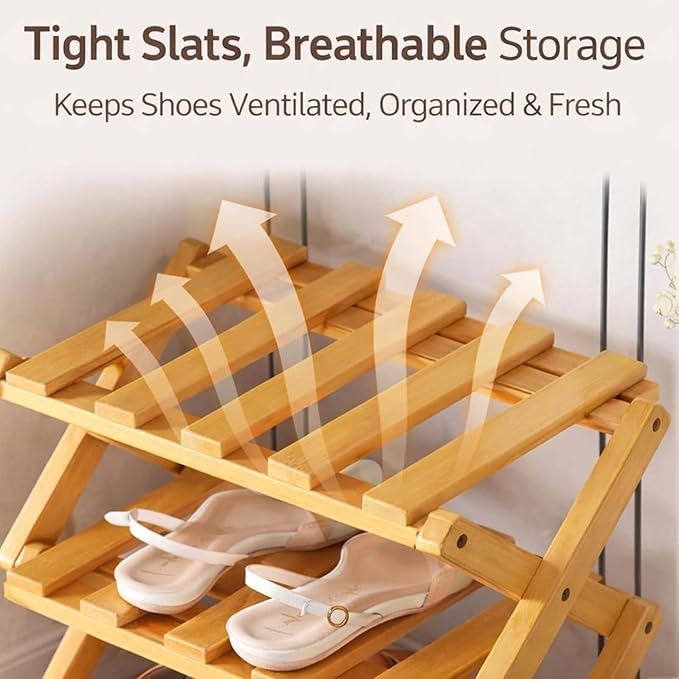 DDRIC The 9-Tier No-Assembly Bamboo Rack, Foldable 9 Tier Bamboo Shoe Rack with Collapsible Vertical Design, Space-Saving Shoe Storage Shelf for Entryway Closet Dorm, No-Tool Assembly (Brown,6)