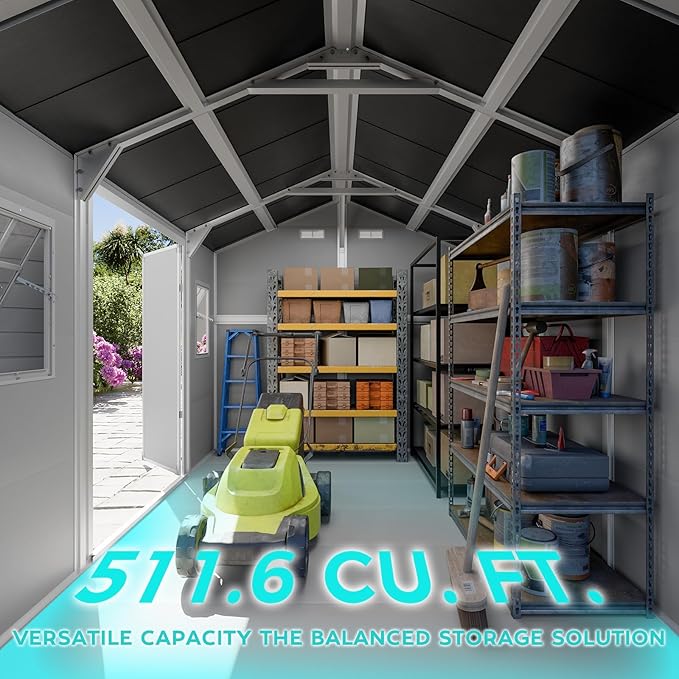 10x8 FT Resin Plastic Shed with Floor, Heavy-Duty 21-Gauge Reinforced Steel Frame, 16mm Ultra-Thick Panels, Outdoor Storage Sheds with Awning Windows and Air Vents