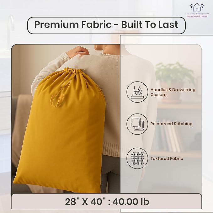 LFH Home Cotton Canvas Large Laundry Bag with Handle, Heavy Duty Drawstring Closure Washable Laundry Bags, School Travel, Home, Hotel, College Dorm, Organizer Sack, Toys Clothes 28x40-Yellow