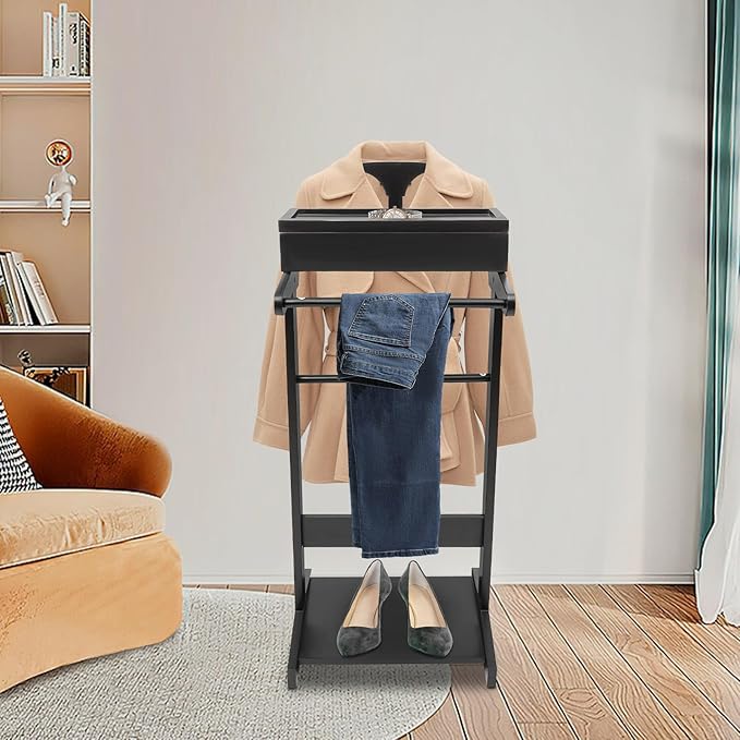 Suit Valet Stand, Wood Suit Stands Butler Clothing Rack, Freestanding Clothes Rack with Drawer Tray Shoe Rack for Organizes Ties, Belts, Shoes (Black)