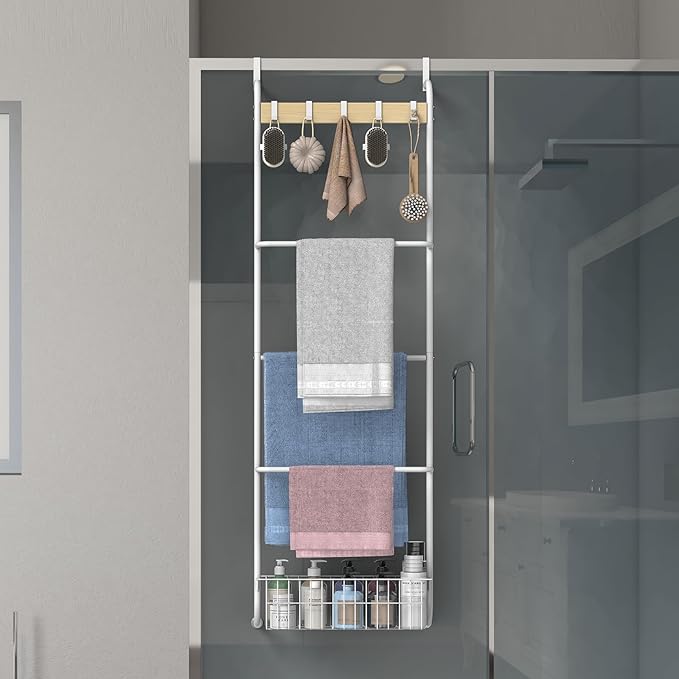 Over The Door Towel Rack,5-Tier Over Door Towel Racks for Bathroom,Towel Rack with Hooks and Basket Door Hanging,Blanket Ladder for Living Room White