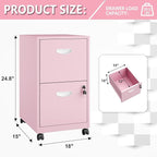 2 Drawer Rolling File Cabinet on Wheels, Mobile Two Drawer Filing Cabinet with Lock, Small Files Cabinets for Under Desk, Metal Filing Cabinets for Letter Size Folders, Pink - Assembly Required