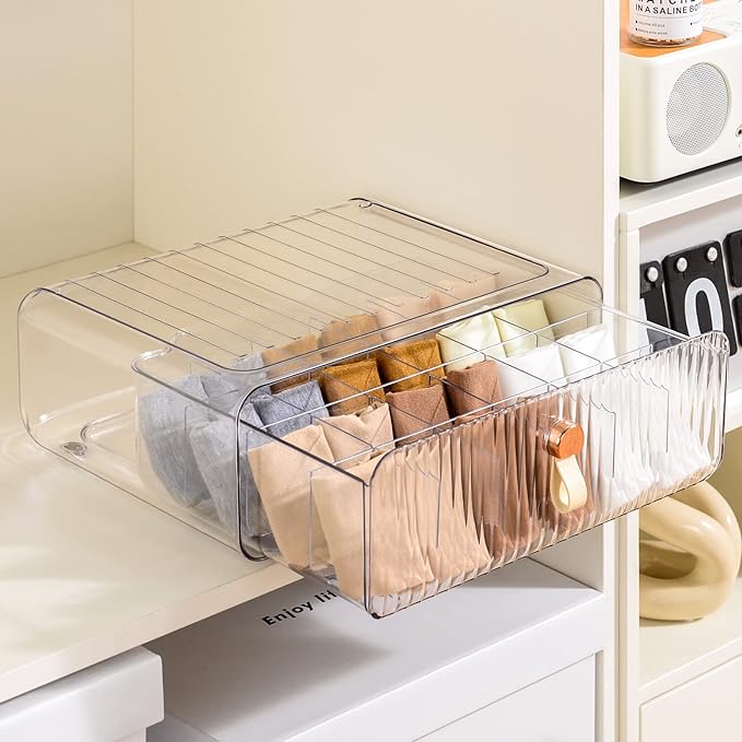 Underwear Organizer for Closet, Acrylic Socks Bra Underwear Drawer Organizer with Dividers, 24 Cell Stackable Closet Organizer and Storage Drawer for Clothing, Baby Clothes, Bra, Ties, Scarf