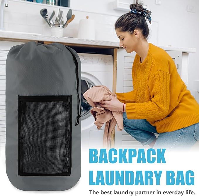 Laundry Bag Backpack, Extra Large Travel Laundry Bag with Mesh Pocket & Adjustable Shoulder Straps,Dirty Clothes Travel Bag for College Students Dorm,Apartment(Grey)