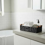 Back of Toilet Basket with Wood Handles, Black Wicker Toilet Paper Basket for Toilet Tank Top, Narrow Toilet Tank Basket, Bathroom Basket Organizer for Wipes & Essentials