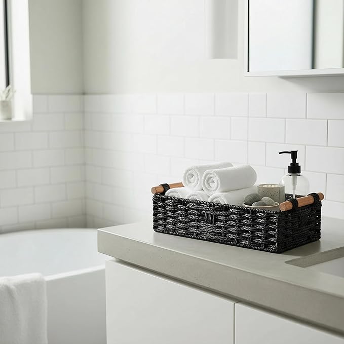 Back of Toilet Basket with Wood Handles, Black Wicker Toilet Paper Basket for Toilet Tank Top, Narrow Toilet Tank Basket, Bathroom Basket Organizer for Wipes & Essentials