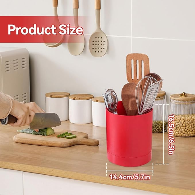 Cyrank Utensil Holder, 360° Rotating Utensil Holder for Kitchen Counter Flatware Caddy Cooking Silverware Storage Organizer for Spoon Spatula, 6.5x5.7 Inch (Red)