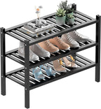 3 Tier (Thick) Bamboo Shoe Rack for Entryway, Small Wood Shoe Shelf Storage Organizer for Closet, Shoe Stand for Hallway, Stackable and Sturdy 27"x12"x21" Black